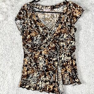 Vol.1 Petite Blouse Top Women Multicolor Abstract Marble V Neck Cap Sleeve Wrap
